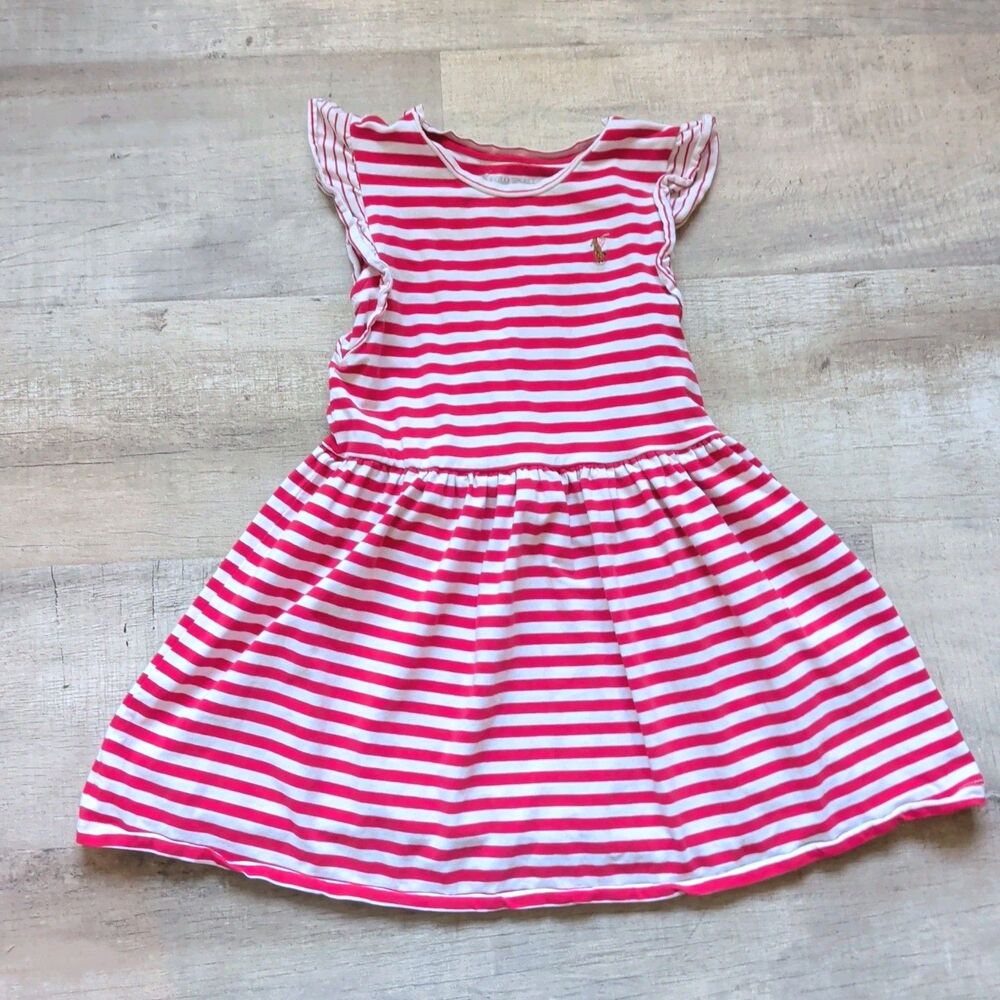 Polo Sport Ralph Lauren Girls Dress Size 8 Red White Striped Ruffle Sleeve